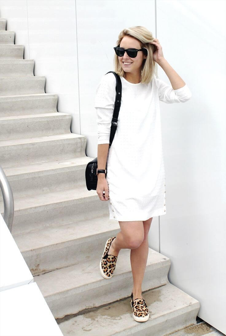 Leopard slip on sneakers with white dress