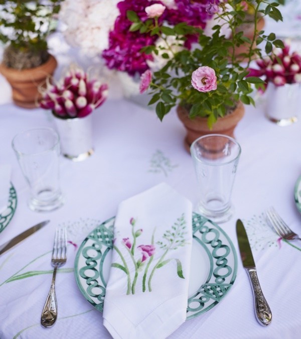 favorite china and silver, pretty linens, pots from the garden and vegetables stuffed into a silver cup. Easy!