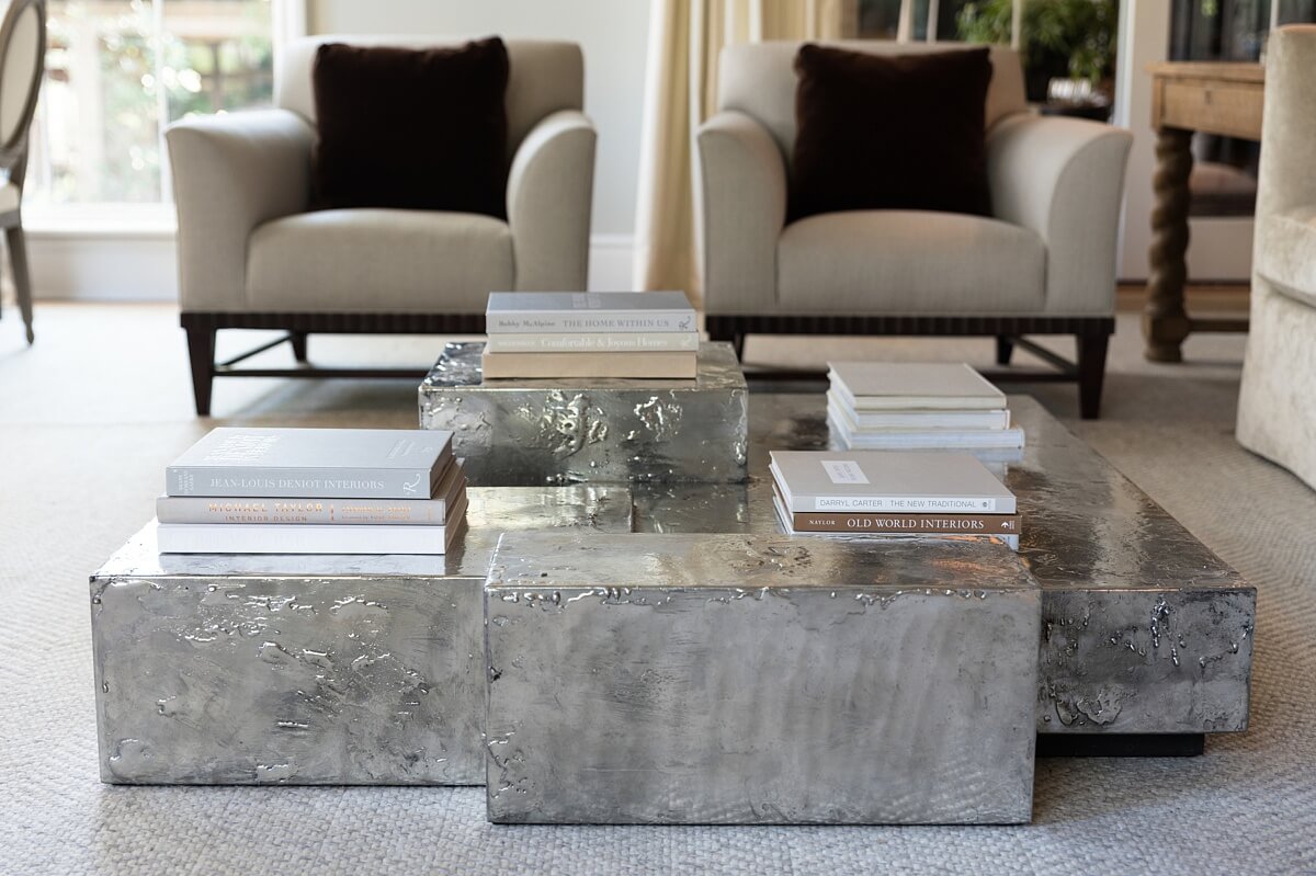 Unusual coffee table in family room designed by Amy Morris for O'More Designer Show House