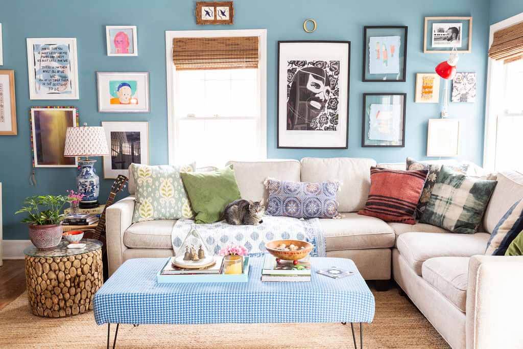 Blue living room with art