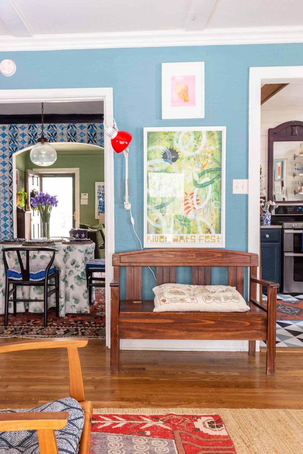 Open entryway with bench in Meredith Olinger's Memphis home