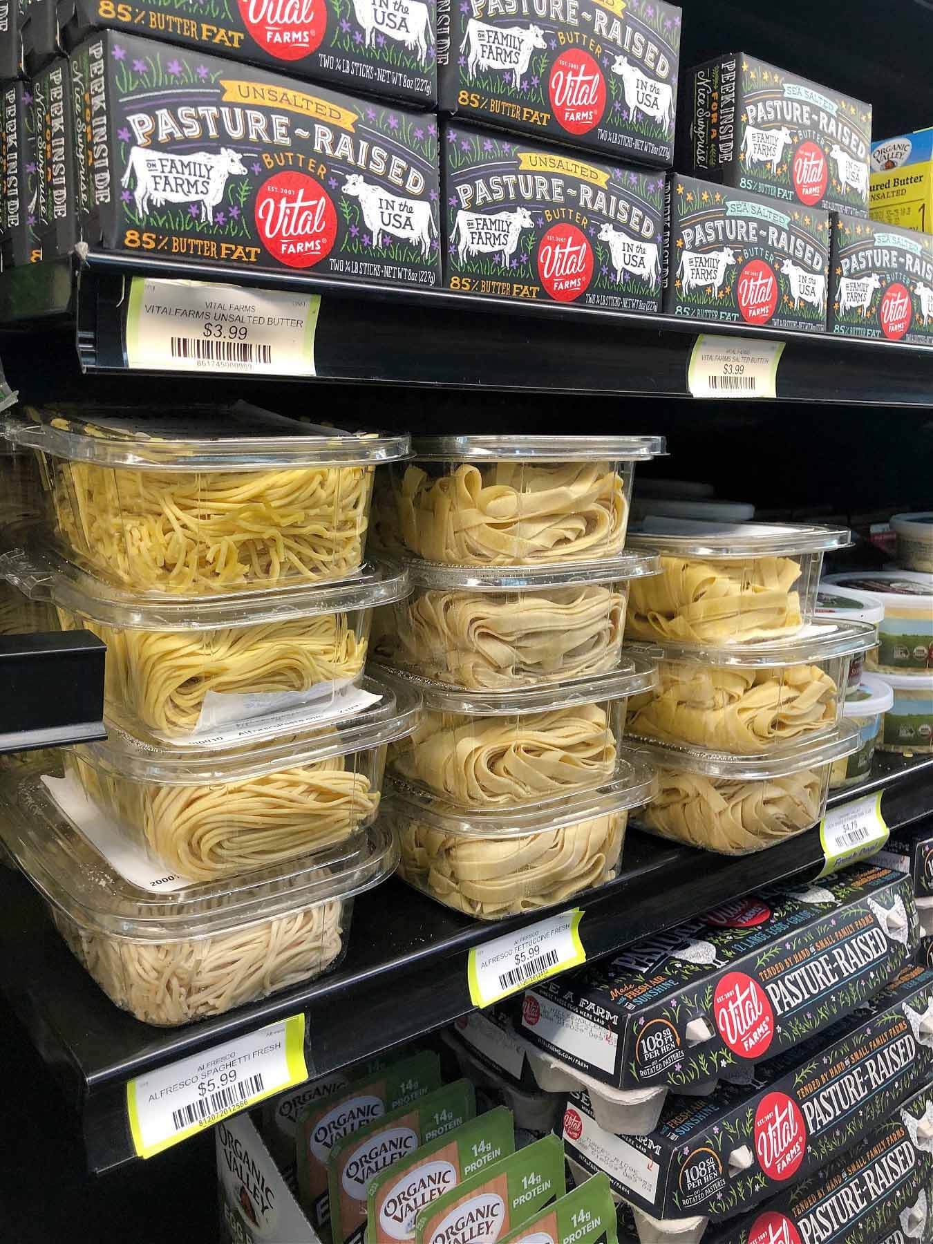 A shelf of homemade pasta at the Turnip Truck